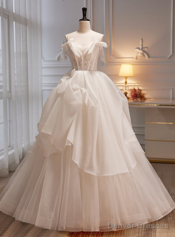 White Tulle Lace Spaghetti Straps Bow Wedding Dress Main image