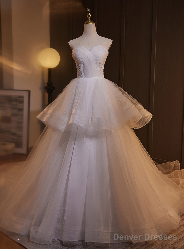 White Tulle Lace Strapless Pleats Wedding Dress Main image