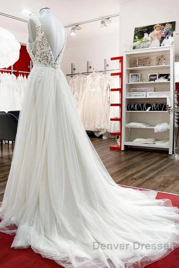 White Tulle Lace Wedding Dress A-Line V Neck Bridal Dress With Sweep Train Sleeveless Floor Length