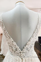 White Tulle Lace Wedding Dress A-Line V Neck Bridal Dress With Sweep Train Sleeveless Floor Length