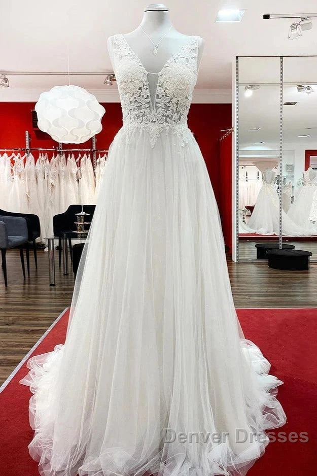 White Tulle Lace Wedding Dress A-Line V Neck Bridal Dress With Sweep Train Sleeveless Floor Length