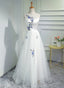 White Tulle Long A-line Prom Dress, White Graduation Dress