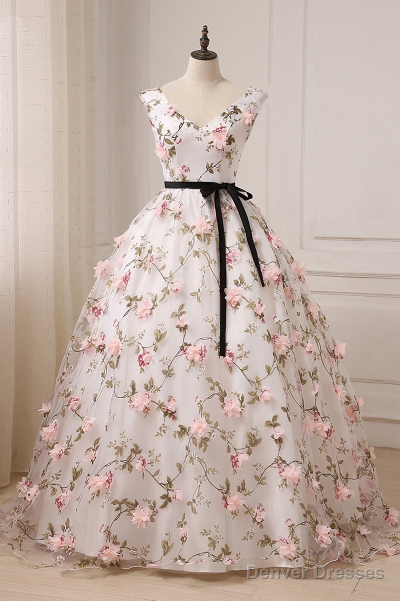 White Tulle Long A-Line Prom Dress, White V-Neck Evening Dress Secondary image