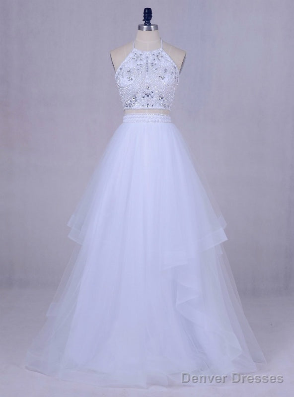 White Tulle Long Graduation Beading Halter Backless 2 Piece Prom Dress Main image