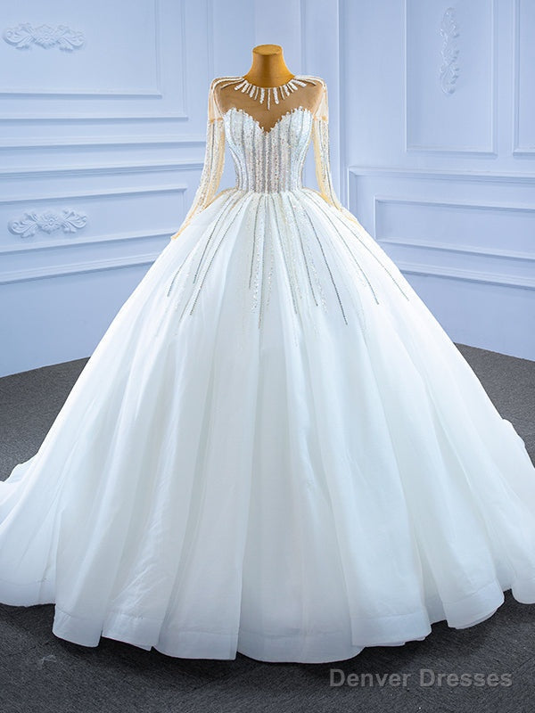White Tulle Long Sleeve Sequins Beading Wedding Dress Main image