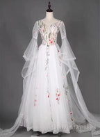 White Tulle Long Sleeves A-Line Wedding Party Dress, White Tulle Prom Dress