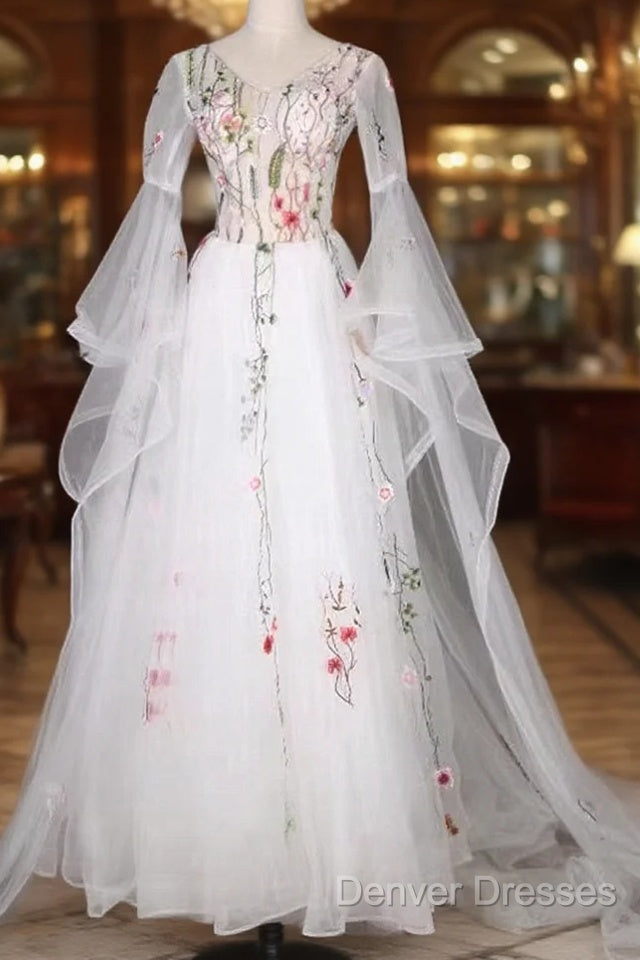 White Tulle Long Sleeves A-Line Wedding Party Dress, White Tulle Prom Dress Main image