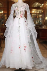 White Tulle Long Sleeves A-Line Wedding Party Dress, White Tulle Prom Dress