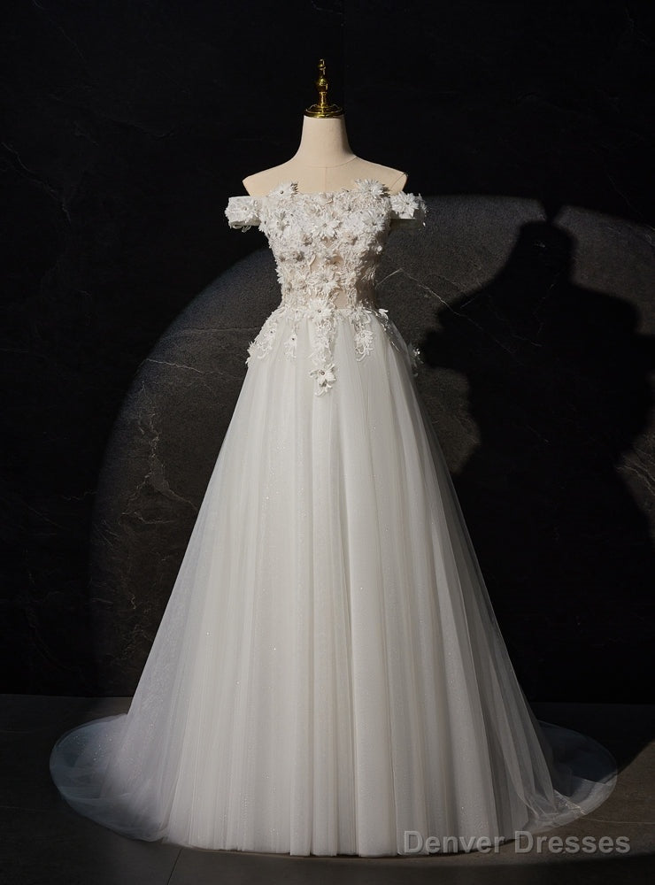 White Tulle Off the Shoulder 3D Flower Wedding Dress Main image