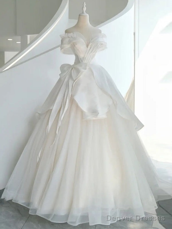 White Tulle Off the Shoulder Beading Wedding Dress Main image