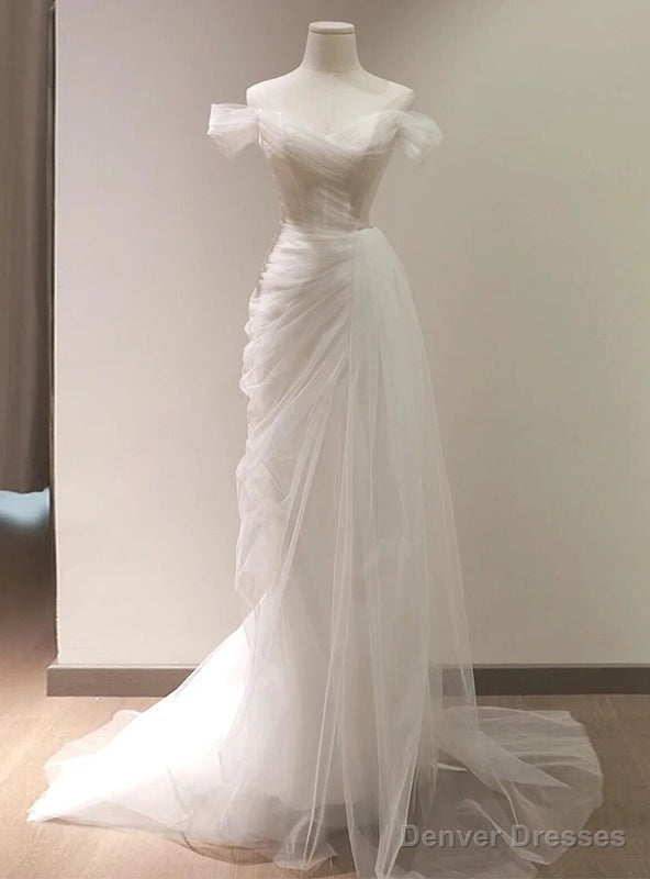 White Tulle Off the Shoulder Pleats Wedding Dress Main image