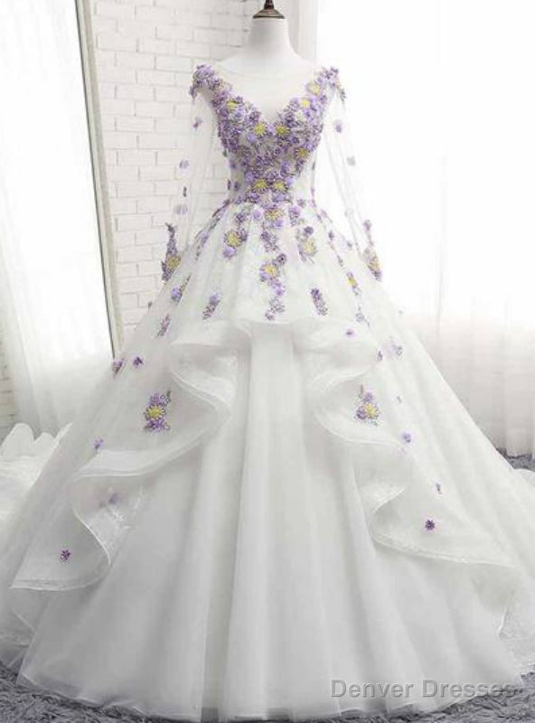 White Tulle Ruffles Long 3D Flower Lace Applique Long Sleeve Quinceanera Dress Main image