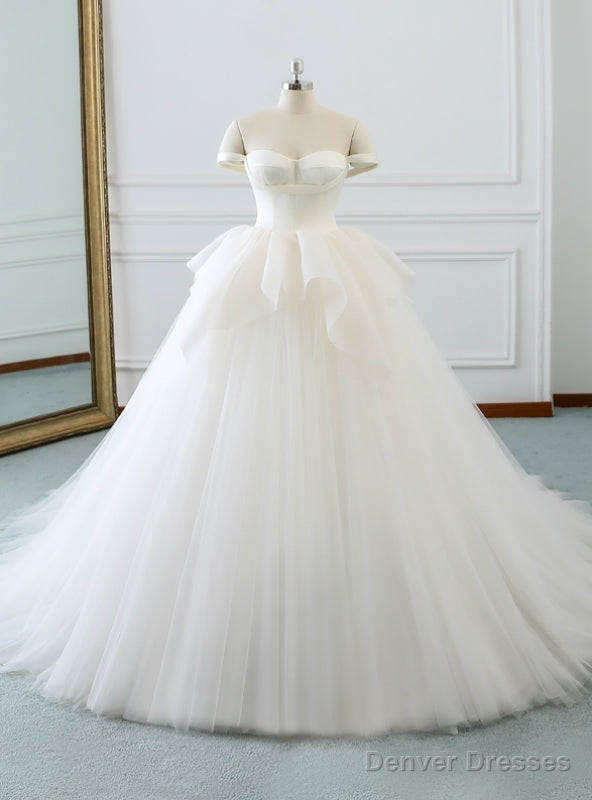 White Tulle Satin Off The Shoulder Backless Wedding Dress Main image