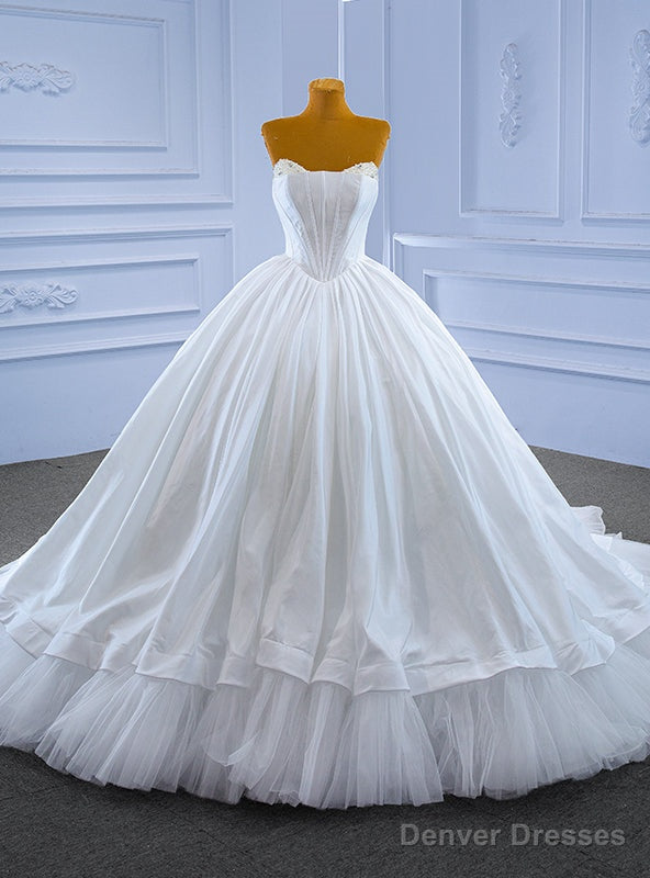 White Tulle Satin Strapless Pearls Wedding Dress