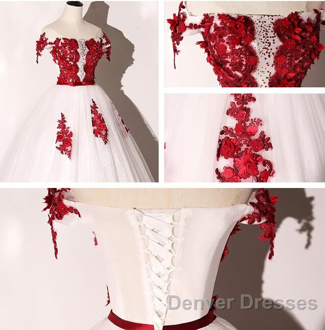 White Tulle Scoop Long Formal Dress With Red Lace, Lovely Red Formal Dress Prom Dress