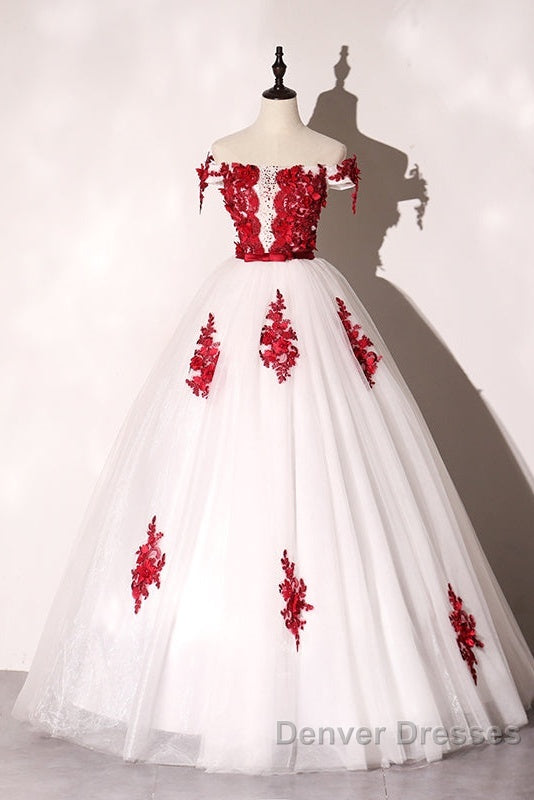 White Tulle Scoop Long Formal Dress With Red Lace, Lovely Red Formal Dress Prom Dress