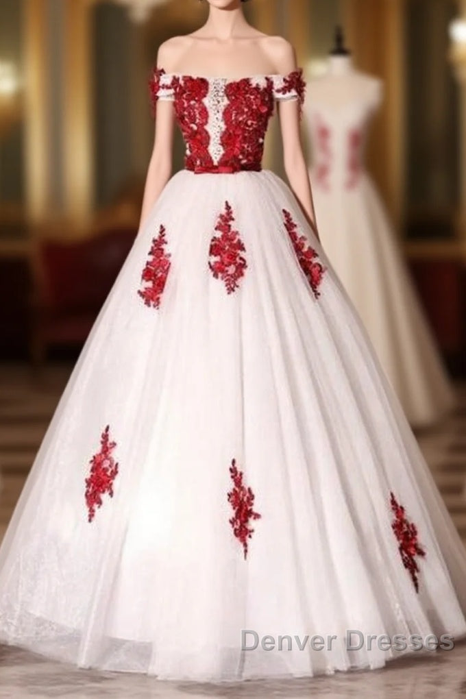White Tulle Scoop Long Formal Dress With Red Lace, Lovely Red Formal Dress Prom Dress Main image