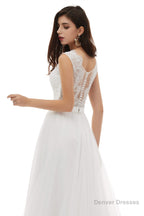 White Tulle Scoop Neck Lace Appliques Beading Wedding Dresses