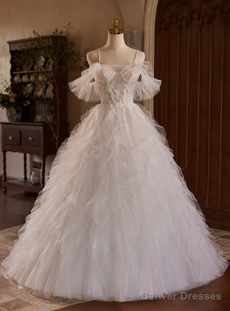 White Tulle See Through Top Spaghetti Straps Appliques Wedding Dress Main image