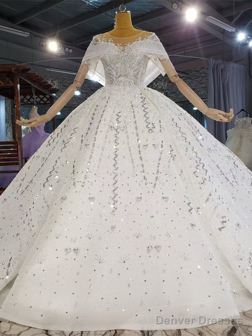 White Tulle Sequins Beading Backless Wedding Dress Main image