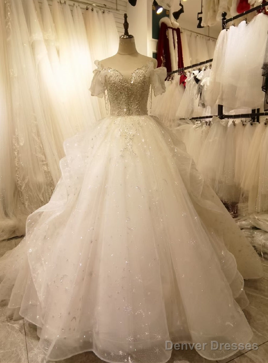 White Tulle Sequins Beading Wedding Dress With Train Main image