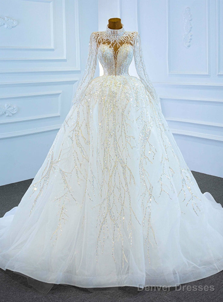 White Tulle Sequins High Neck Long Sleeve Wedding Dress Main image
