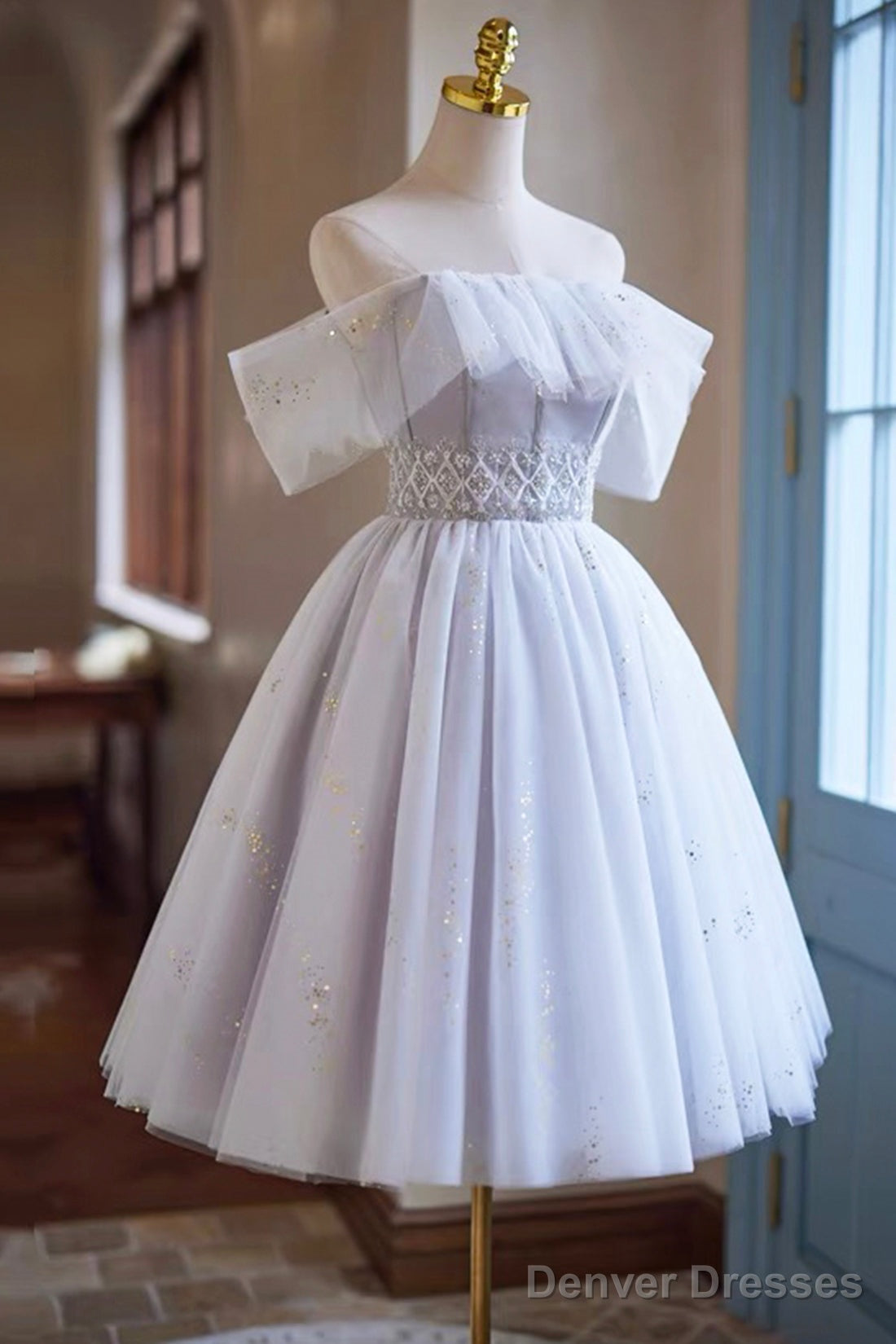 White Tulle Sequins Short Prom Dress, A-Line Off The Shoulder Evening Party Dress