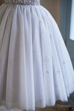 White Tulle Sequins Short Prom Dress, A-Line Off The Shoulder Evening Party Dress