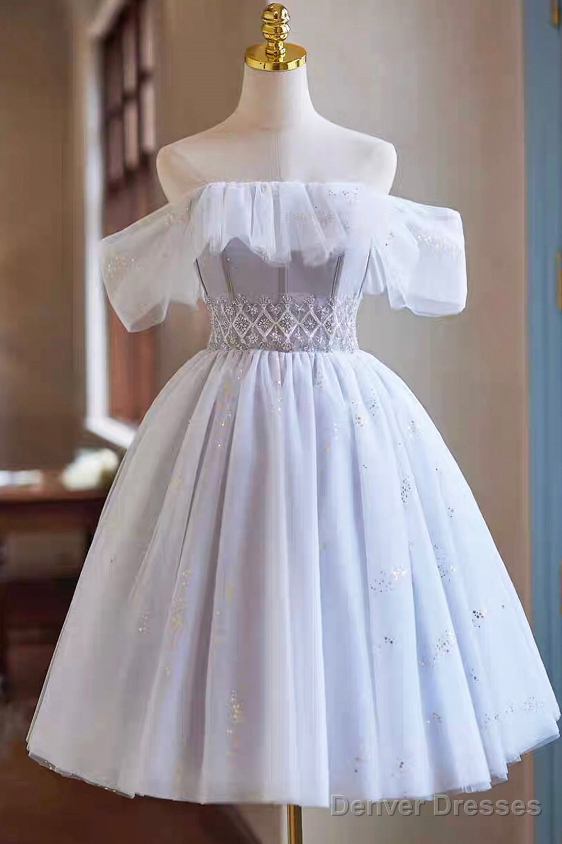 White Tulle Sequins Short Prom Dress, A-Line Off The Shoulder Evening Party Dress Main image