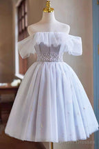 White Tulle Sequins Short Prom Dress, A-Line Off The Shoulder Evening Party Dress