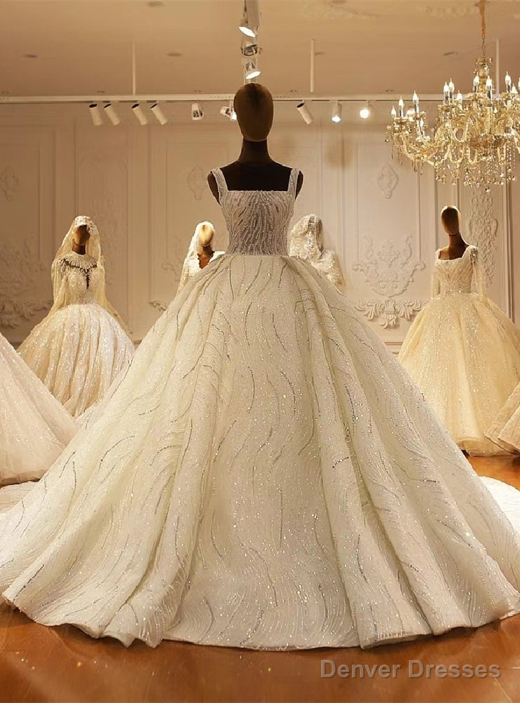 White Tulle Sequins Straps Wedding Dress Main image