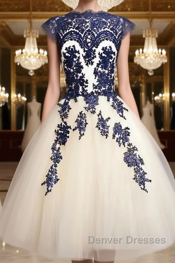 White Tulle Short Navy Blue Lace  Prom Dress, Short Blue Lace Homecoming Dress Main image