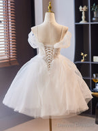White Tulle Short Party Dress With Lace, White Straps Short Prom Dress