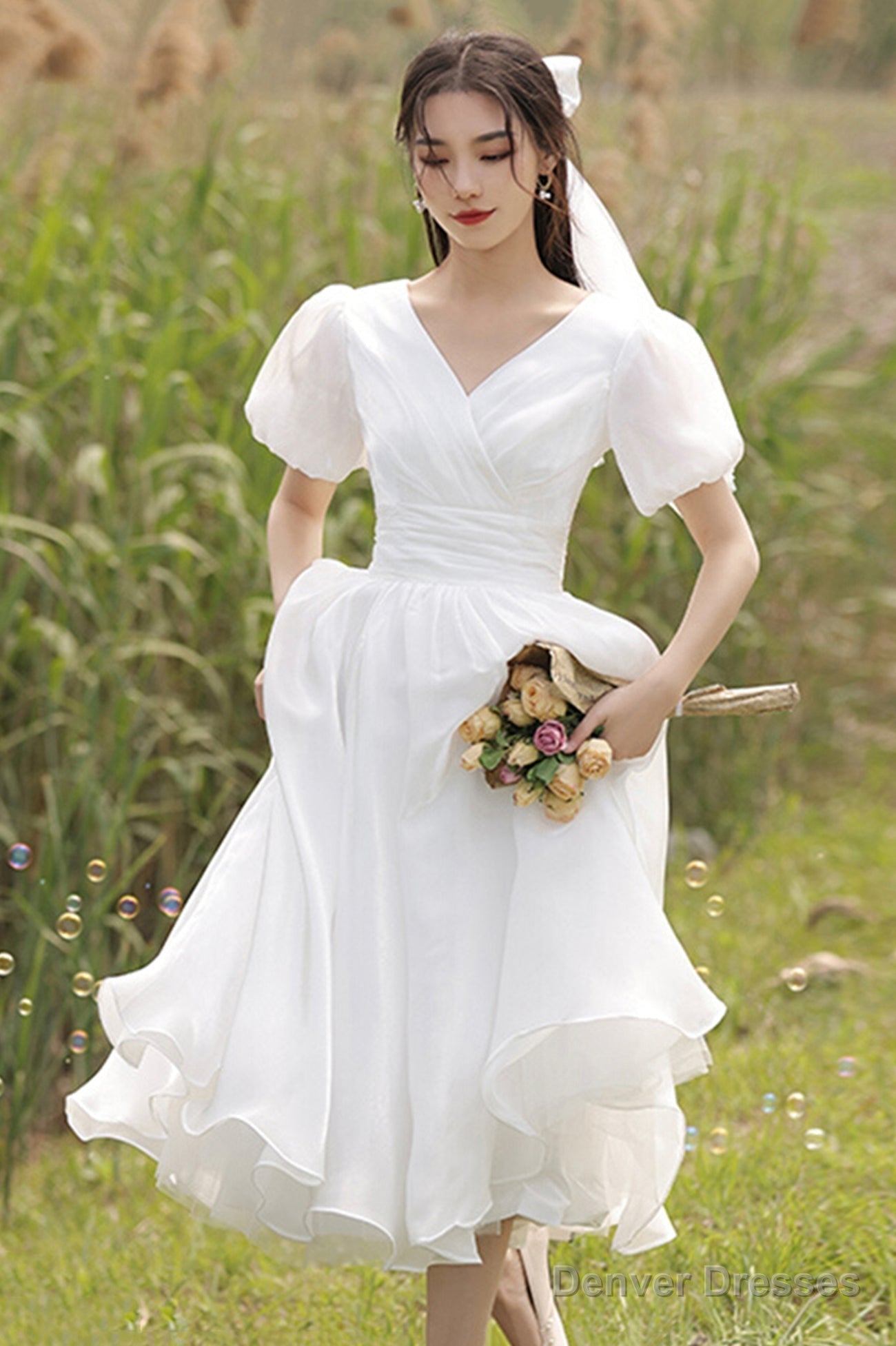 White Organza Short Prom Dress, A-Line Short Wedding Dresses Main image