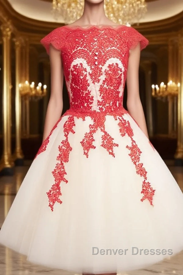 White Tulle Short Red Lace Prom Dress, Short Red Lace Homecoming Dress Main image
