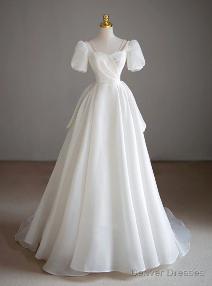 White Tulle Short Sleeve Pleats Wedding Dress Main image
