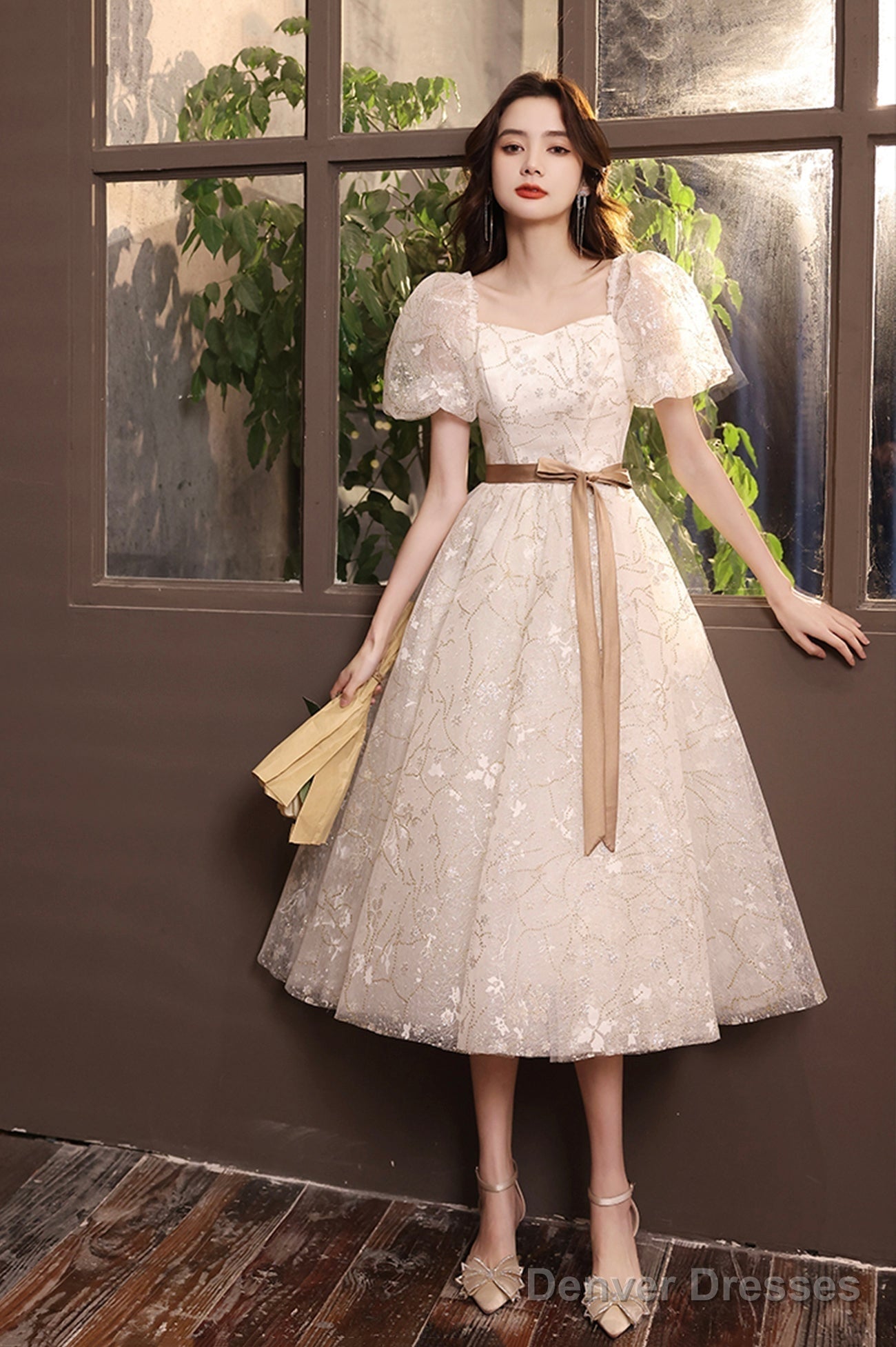 White Tulle Short Sleeve Prom Dress, Cute A-Line Party Homecoming Dress Main image