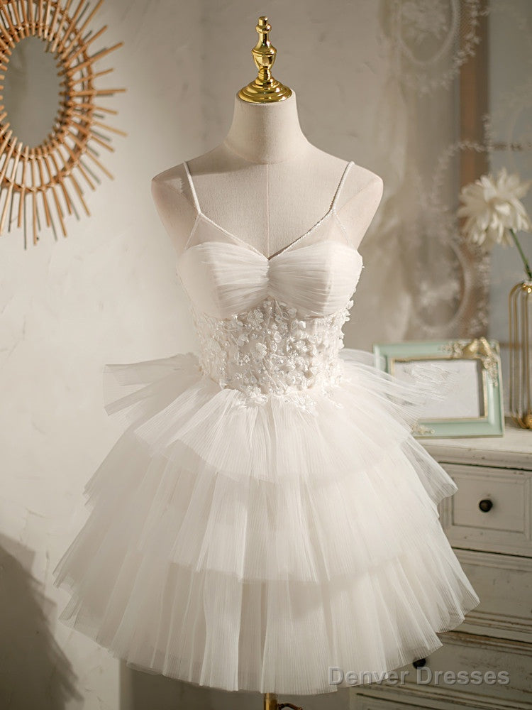 White Tulle Short Straps Party Dress Graduation Dresses, White Formal Dresses Main image