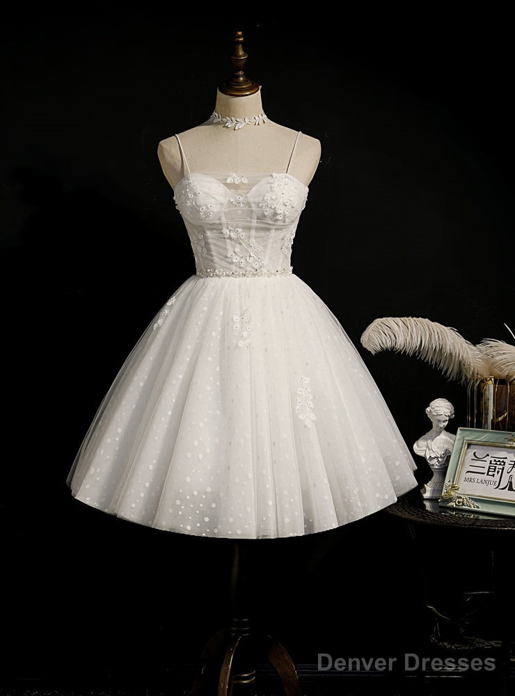 White Tulle Spaghetti Straps Beading Homecoming Dress Main image