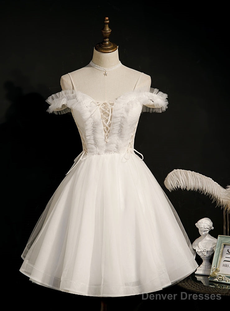 White Tulle Spaghetti Straps Beading Lace Up Homecoming Dress Main image