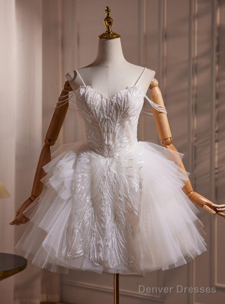 White Tulle Spaghetti Straps Beading Short Wedding Dress Main image