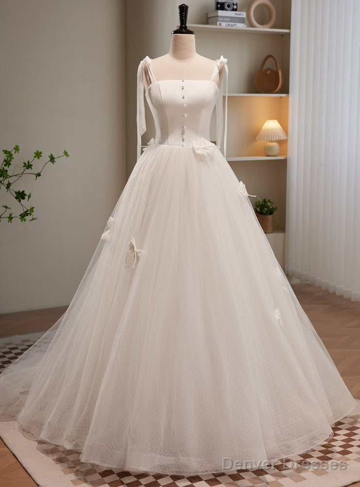 White Tulle Spaghetti Straps Bow Wedding Dress Main image