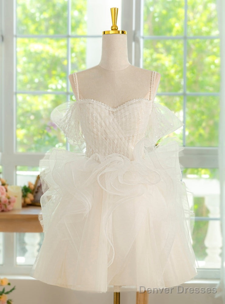 White Tulle Spaghetti Straps Pearls Pleats Homecoming Dress Main image