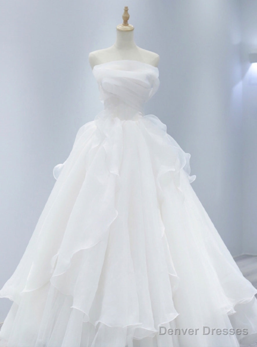 White Tulle Straples Pleats Wedding Dress Main image