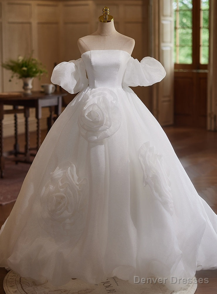 White Tulle Strapless 3D Flower Wedding Dress Main image