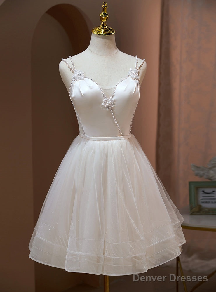 White Tulle Straps Pearls Homecoming Dresses Main image