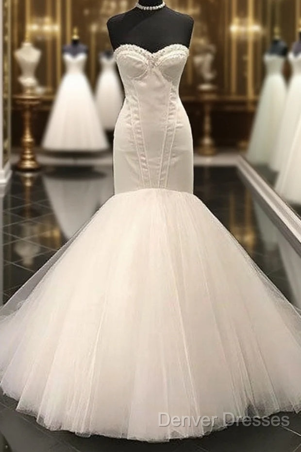 White Tulle Sweetheart Long Wedding Dress, Bridal Dress