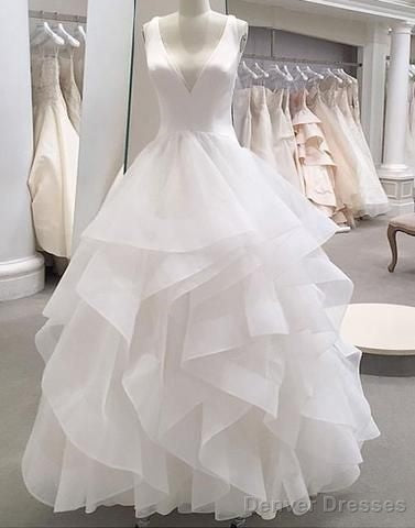 White Tulle V Neck Long Ruffles Formal Prom Dress, Wedding Dress Main image