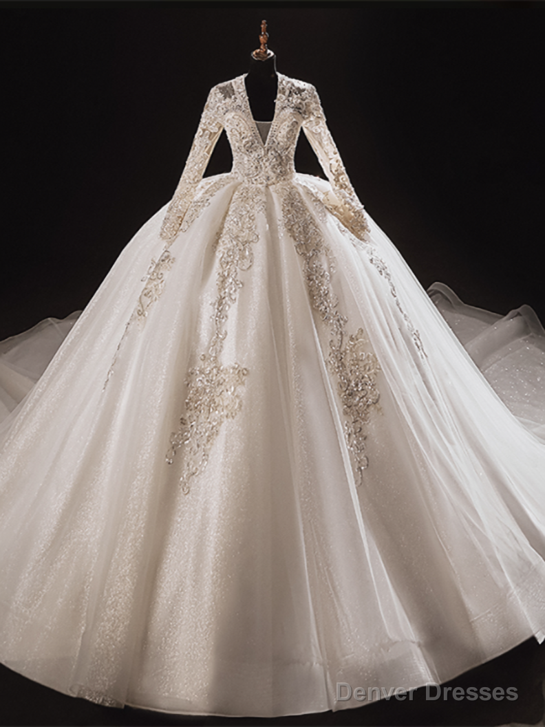 White Tulle V-neck Long Sleeve Beading Wedding Dress Main image