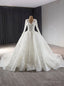 White Tulle V-neck Long Sleeve Lace Appliques Wedding Dress